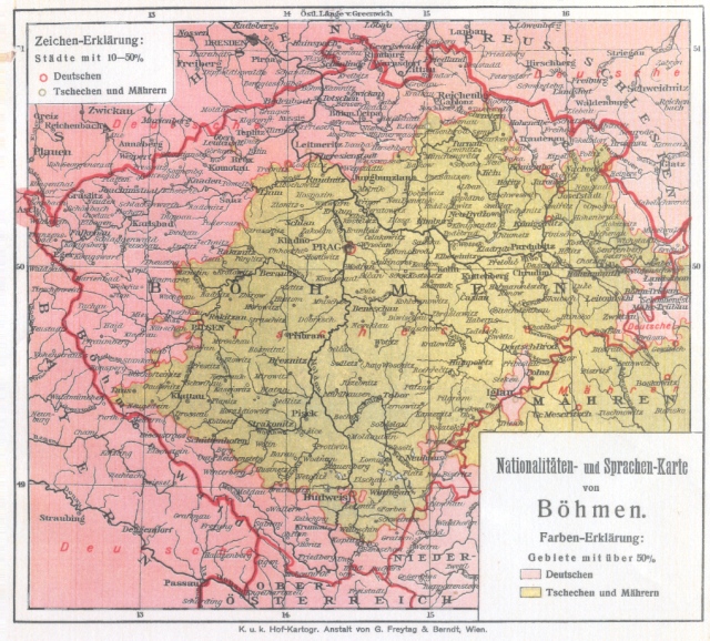 Böhmens ethnische Grenzen gemäß Volkszählung 1910.