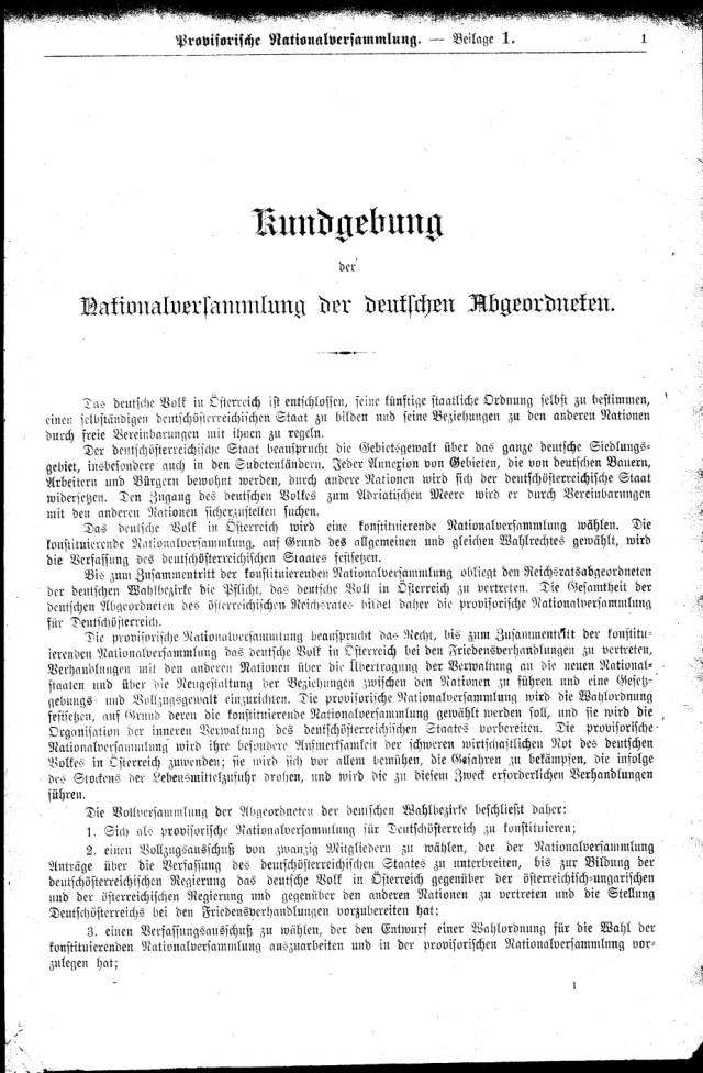 Konstituierungsbeschluß 21. Okt. 1918: „Das deutsche Volk in Österreich …“ 