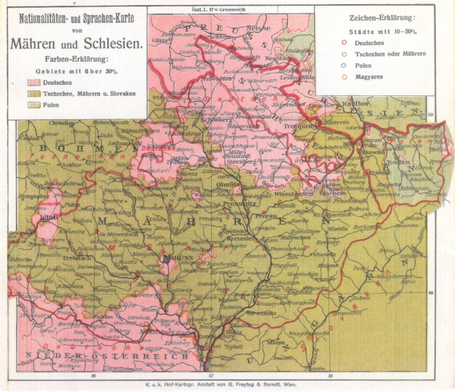 Mährens und Österreichisch-Schlesiens ethnische Grenzen gemäß Volkszählung 1910