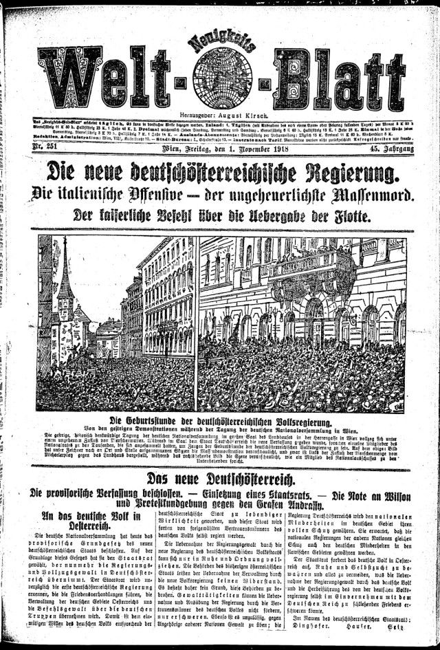 Welt-Blatt Schlagzeile zum 30.Oktober 1918. Die Geburtsstunde der deutschösterreichischen Volksregierung. 
